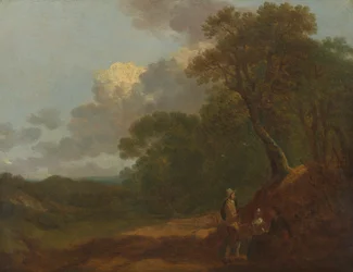 Paisaje arbolado con un hombre hablando con dos mujeres sentadas