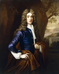 Retrato de un Caballero, de 37 Años, Tres Cuartos de Longitud, con un Abrigo Azul y una Capa Marrón, con una Casa al Estilo de Smith de Warwick en el Fondo