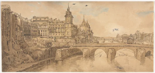 Una selección de veinte de las vistas más pintorescas de París: Vista del Pont au Change, el Teatro de la Ciudad, Pont Neuf, Prisión de la Conciergerie, y tomada desde el Pont Notre Dame