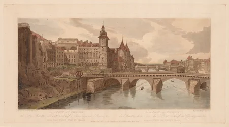 Una selección de veinte de las vistas más pintorescas de París: vista de Pont au Change, el teatro de la ciudad, Pont Neuf, la prisión de Conciergerie, etc. tomadas de Pont Notre Dame