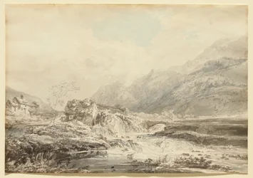 Paisaje montañoso con molino de rueda hidráulica superior y puente