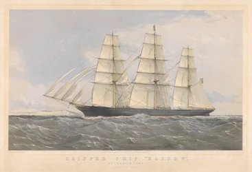 Buque clíper Kaisow con destino al exterior, enero de 1869, c.1868-74 (litografía coloreada)