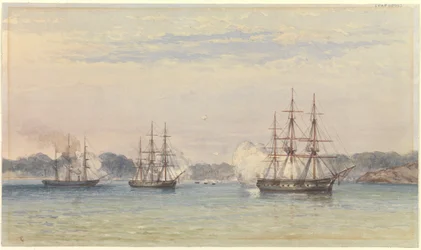 La Guerra de China 1857, tres de los buques de Su Majestad bombardeando y barcos en la costa