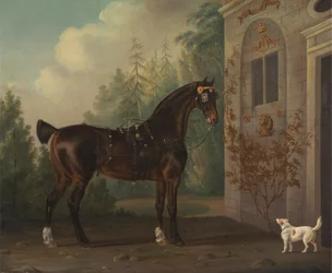 Caballo carruaje bayo oscuro de Lord Abergavenny con un Terrier