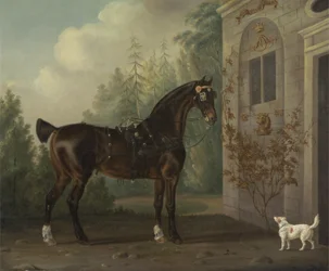 Caballo de carruaje oscuro de Lord Abergavenny con un terrier