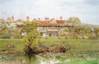 Gran Tangley Manor, Surrey, con el estanque de lirios y el paseo cubierto