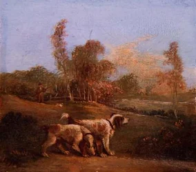 Spaniels en un paisaje con guardián