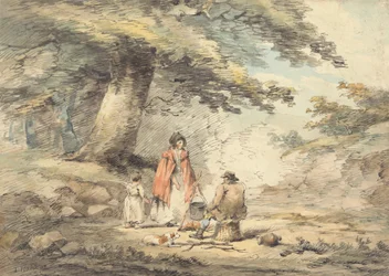 Paisaje arbolado con figuras alrededor de una olla