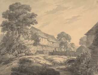 Granja y edificios junto a un arroyo