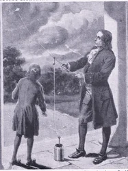 Franklin probando rayos y fenómenos eléctricos, ilustración de 