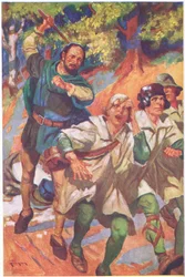 Condujo a los tres ante él, sus gritos de rabia y dolor, ahogados por sus rugidos de risa (litografía en color)