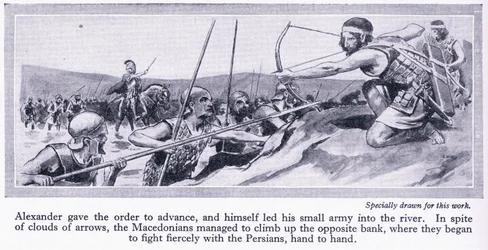 Cómo conquistó Alejandro su imperio: Darío, rey de Persia, reunió un gran ejército que fue derrotado por los macedonios en 334 a.C., c.1950 (litografía).