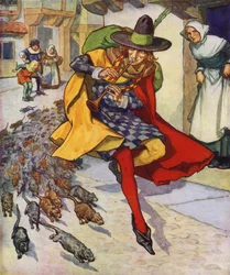 Ilustración de El flautista de Hamelin (litografía en color)