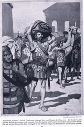 Saqueando una ciudad de tesoros: Alejandro se convirtió en señor de Persia. Cargó con todos los tesoros de Persépolis para hacerse muy rico, c.1950 (litografía)