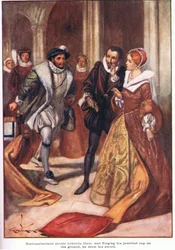 Northumberland se dirigió hacia ellos, y arrojando al suelo su capa enjoyada, desenvainó su espada (litografía en color)