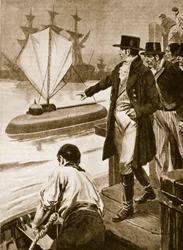 Robert Fulton en Francia mostrando su submarino "Nautilus" en funcionamiento (litografía)