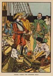 Sir Francis Drake toma el Oro español (litografía en color)