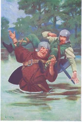 Con un tirón de sus grandes manos, envió al forajido a la corriente (litografía en color).