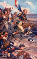 "Con vítores le siguieron bajo el fuego mortal" (litografía en color)