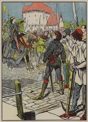 El joven rey Ricardo sofoca la rebelión (litografía en color)