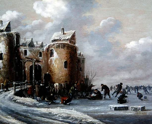 Un paisaje de invierno con patinadores junto a una puerta fortificada