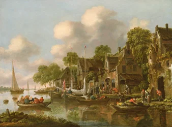 Paisaje fluvial con barcos y figuras junto a una taberna, siglo XVII