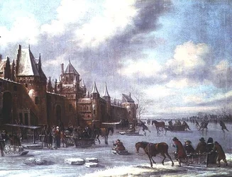 Escena de estuario holandés con figuras patinando y un castillo al fondo