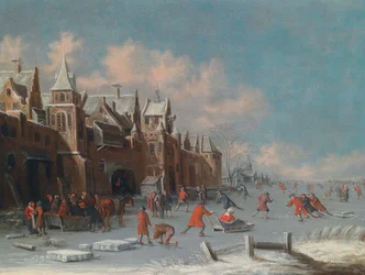 Patinadores sobre el hielo a las puertas de una ciudad holandesa
