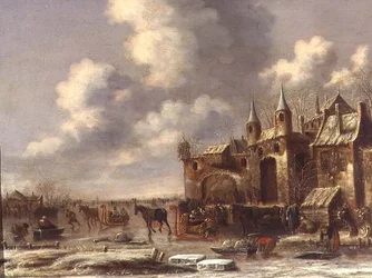Gente del pueblo en el hielo junto a una puerta de la ciudad