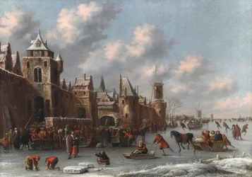 Paisaje invernal con figuras patinando y deslizándose en trineo sobre un foso helado junto a una ciudad fortificada