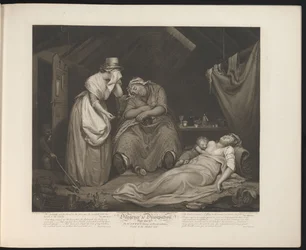 Criada humilde visita a la sierva licenciosa moribunda Lámina 9. El libertino muriendo en Pobreza y enfermedad / Visitado por la chica modesta (título sobre el objeto) Virtud and Debauchery (título de la serie) Diligencia y disipación (título de la serie s