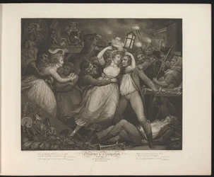 Criada disoluta divirtiéndose en un pub Placa 7. La libertina deleitándose con sus compañeros (título sobre el objeto) Virtud and Debauchery (título de la serie) Diligencia y disipación (título de la serie sobre el objeto)