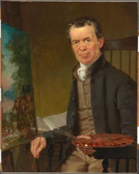 Retrato de Edward Hicks pintando el Reino de la Paz