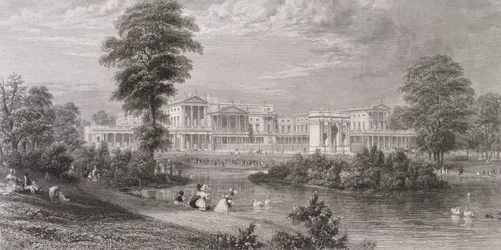 Vista del Palacio de Buckingham y el Arco de Mármol, desde el Parque de St. James, c.1835
