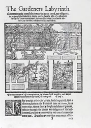 Pérgola construida como sombra contra el sol y plantación en camas elevadas, de The Gardeners Labyrinth, 1577