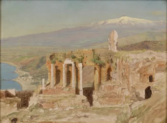 Vista de las Ruinas del Teatro Griego en Taormina y el Monte Etna, Sicilia