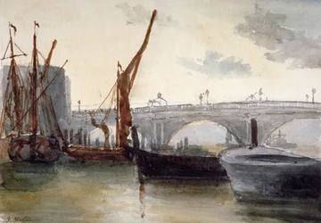 Vista del puente de Blackfriars, con barcos en primer plano, Londres, c1835