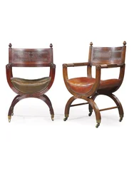 Sillón de caoba de marco en X de finales de la época victoriana, atribuido a Marsh, Jones & Cribb, según un diseño de Thomas Hope, c.1880