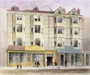 Una vieja casa llamada la Taberna de la Media Luna, en el lado oeste de Aldersgate Street, 1852
