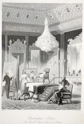 Palacio de Buckingham - La Princesa Real posando para un retrato, de Interiores de Londres con sus trajes y ceremonias pub. Joseph Mead, Londres, c.1843