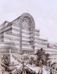 Palacio de Cristal en Sydenham, el frente del Gran Transepto, c.1851-55