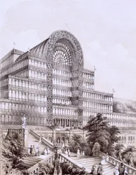 Palacio de Cristal en Sydenham, el frente del Gran Transepto, c1854