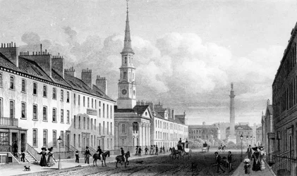 George Street, Iglesia de St. Andrew y Monumento a Lord Melville, Edimburgo, grabado por Thomas Barber, c.1830