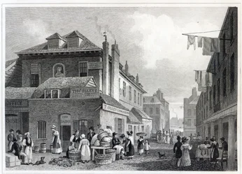 Mercado de Hungerford, Strand, grabado por Thomas Barber, 1830