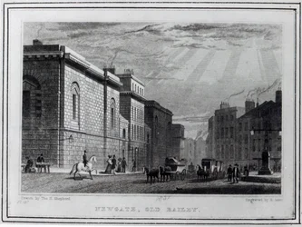 Prisión de Newgate y el Old Bailey, grabado por Robert Acon, 1831
