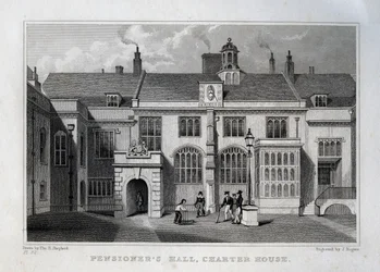 Salón de los pensionistas, Charter House, grabado por John Rogers, 1830