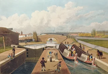 Canal de Regent, la entrada este al túnel de Islington, c.1827, grabado por John Cleghorn