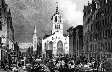 Iglesia de St. Gile, County Hall y el Lawn Market, Edimburgo, grabado por William Tombleson, c.1830