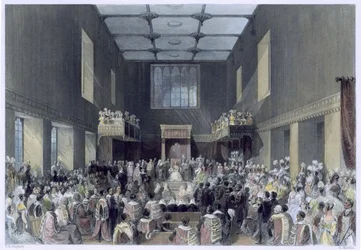 La Cámara de los Lores, Su Majestad abriendo la sesión del Parlamento, grabado por Henry Melville, c.1840
