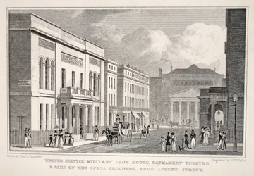Casa del Club Militar del Servicio Unido, Teatro Haymarket y parte de la Columnata de la Ópera desde Regent Street, de 